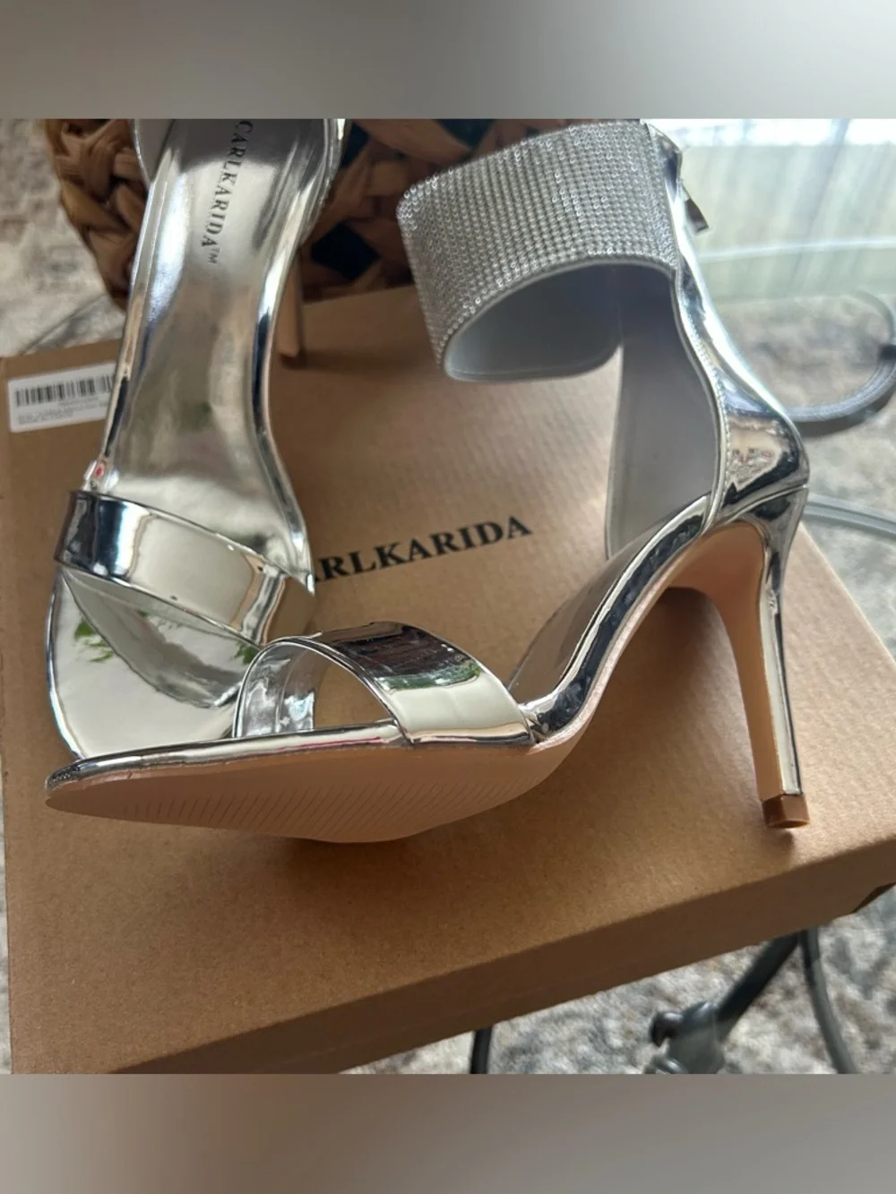 Carlkarida Silver Crystal Ankle-Cuff Stiletto Sandals